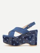 Romwe Cross Strap Distressed Denim Wedge Sandals