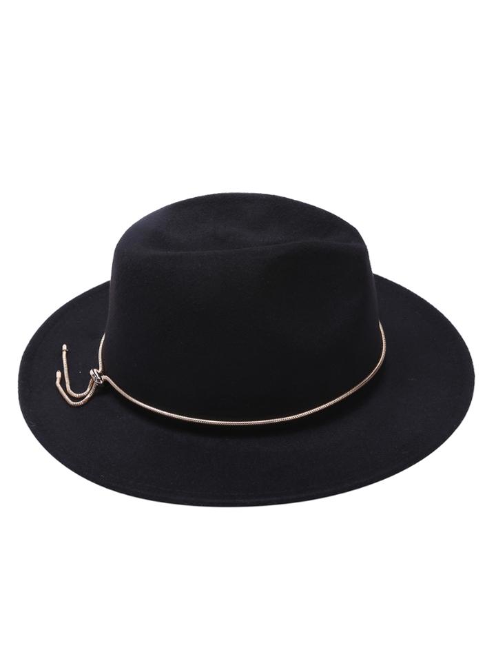 Romwe Black Fedora Hat With Metal Jadoku Chain
