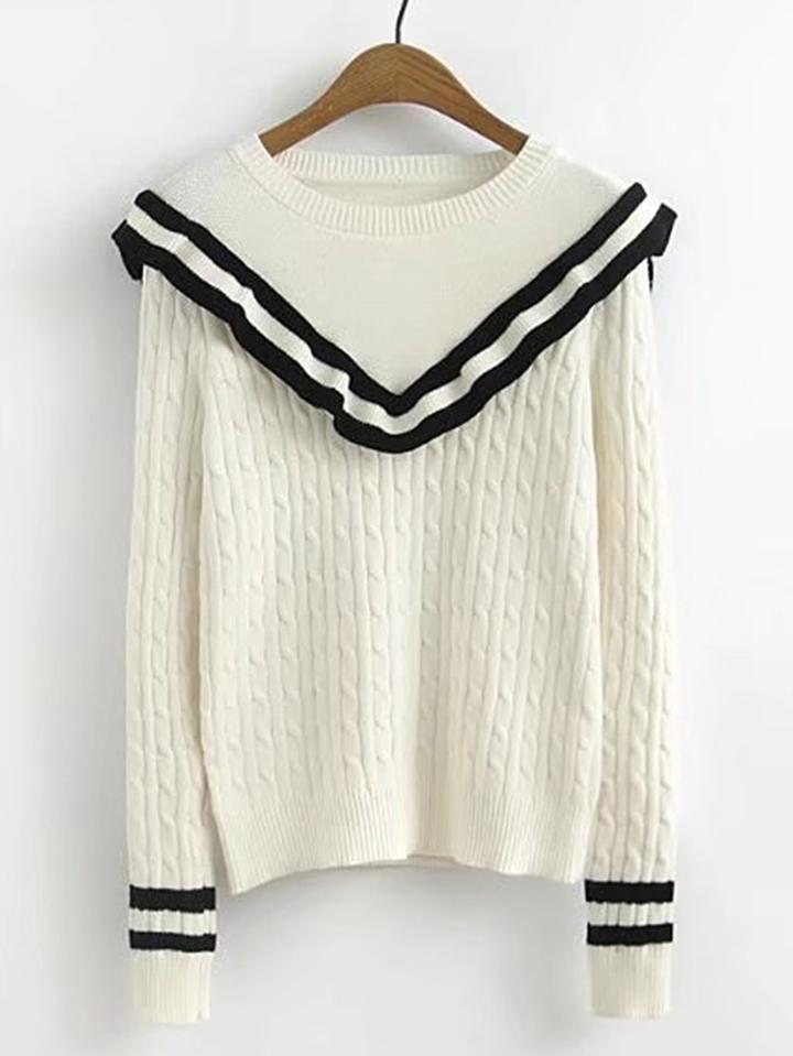 Romwe Contrast Striped Ruffle Trim Cable Knit Sweater