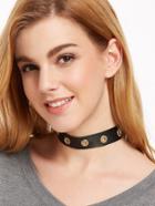 Romwe Black Eyelet Embellished Pu Leather Wide Choker