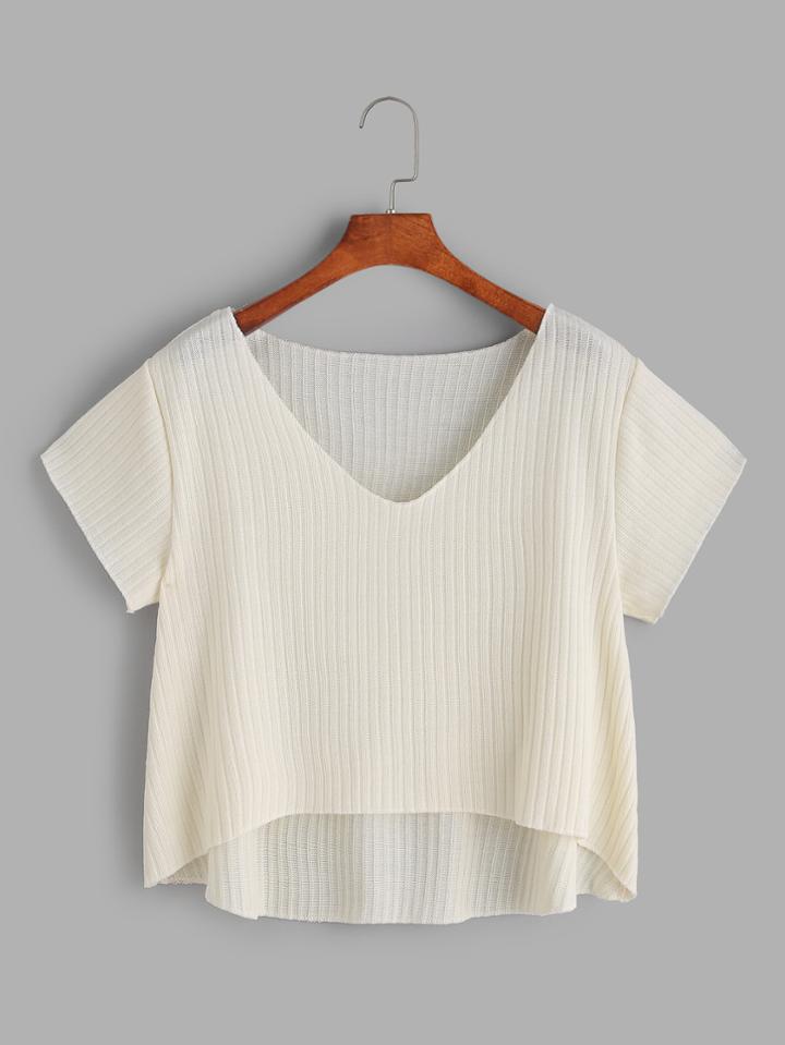 Romwe Apricot V Neck Dip Hem Knit T-shirt