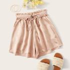 Romwe Solid Tie Front Satin Paperbag Shorts