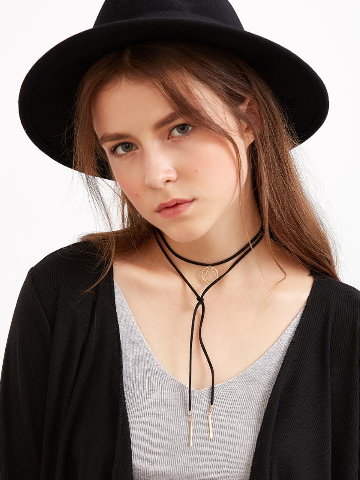 Romwe Black Geometric Pendant Wrap Choker Necklace
