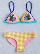 Romwe Flower Applique Plaid Triangle Bikini Set