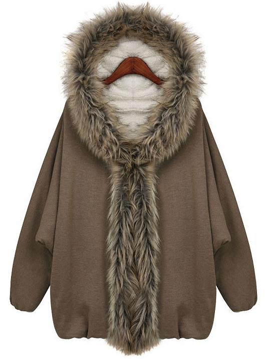 Romwe Women Hooded Loose Coffee Coat