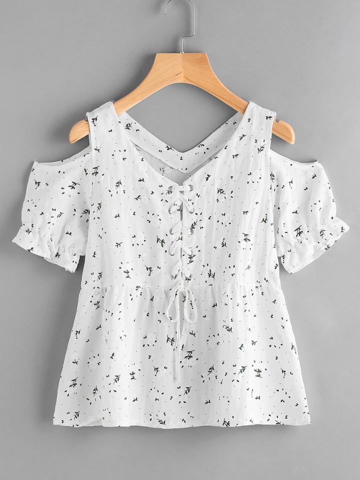 Romwe Open Shoulder Ditsy Print Eyelet Lace Up Blouse