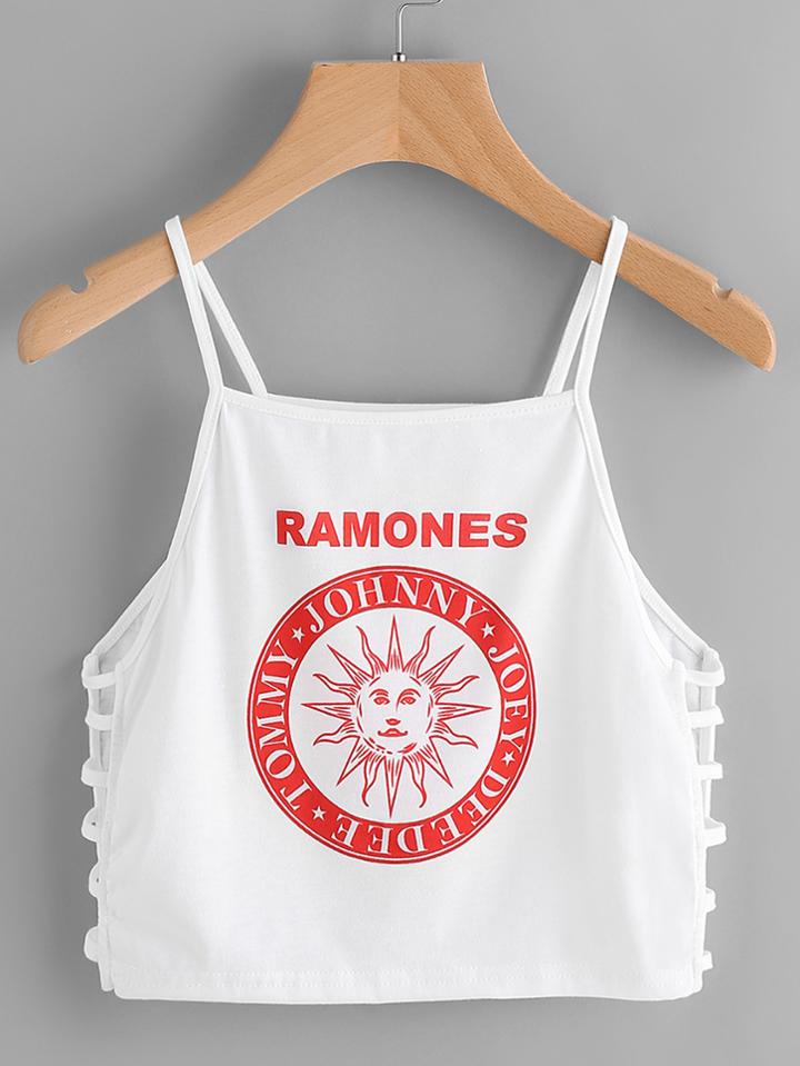 Romwe Graphic Print Ladder Cut Out Side Cami Top
