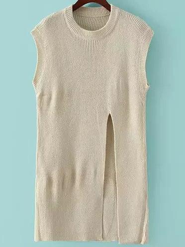Romwe Beige Round Neck Split Knit Sweater