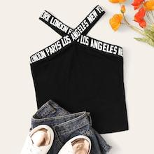Romwe Lettering Tape Detail Cross Halterneck Top