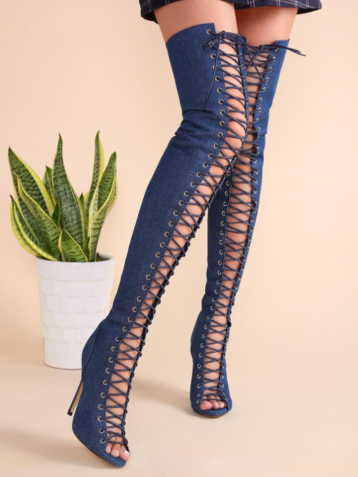 Romwe Blue Criss Cross Open Toe Denim Thigh High Stiletto Boots