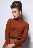 Romwe High Neck Slim Khaki Sweater