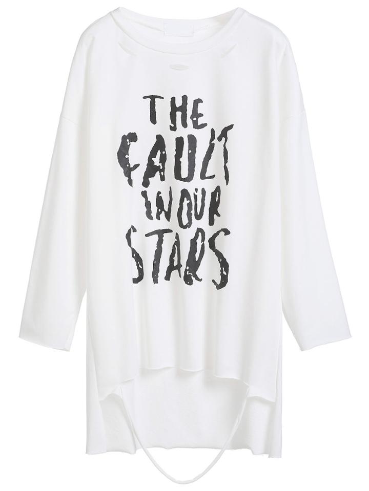 Romwe White Letters Print Drop Shoulder Dip Hem Distressed T-shirt
