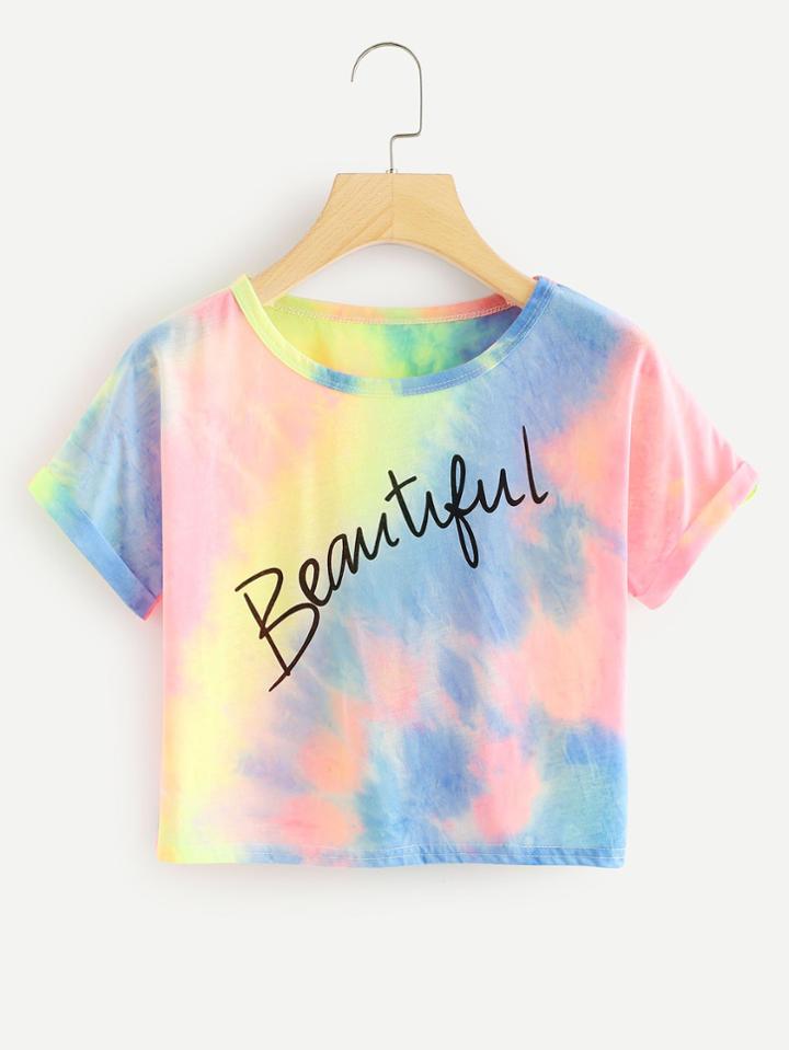 Romwe Slogan Print Water Color Cuffed Tee