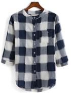 Romwe With Buttons Plaid Loose Blue Blouse