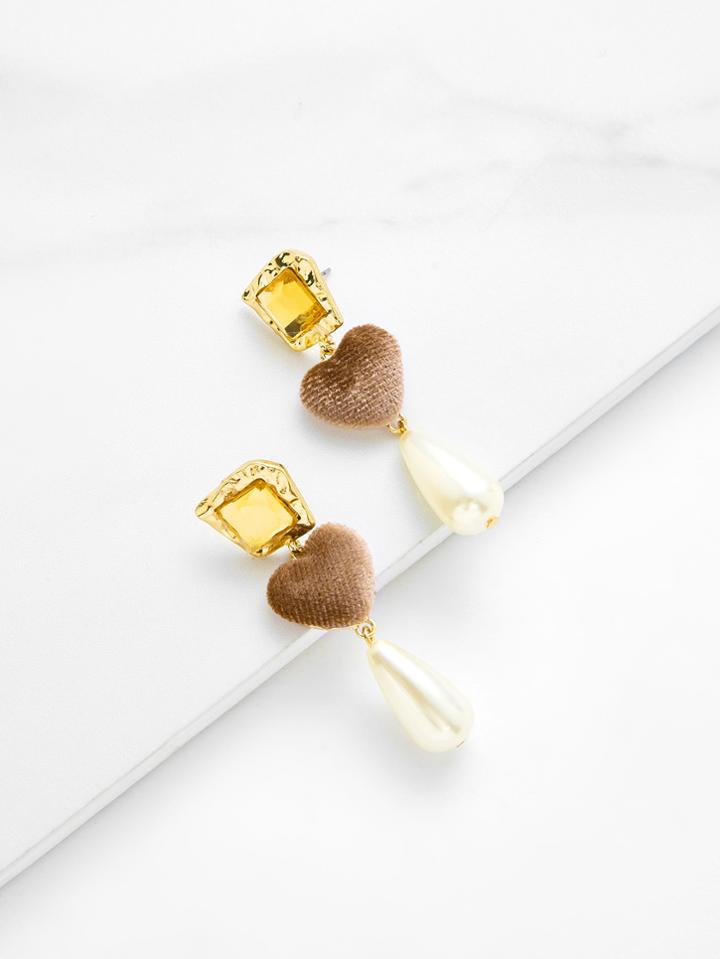 Romwe Water Drop Faux Pearl & Heart Design Earrings