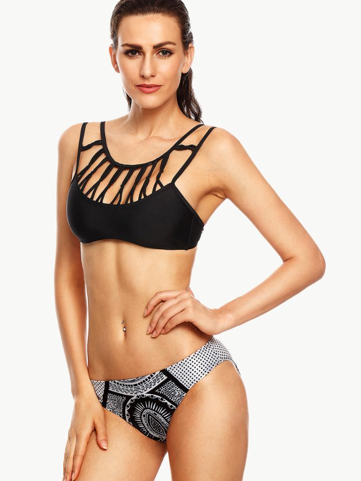 Romwe Black White Cutout Bikini Set