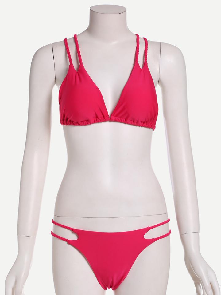 Romwe Hot Pink Cutout Braided Strap Bikini Set