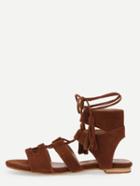 Romwe Brown Faux Suede Caged Lace-up Flat Sandals