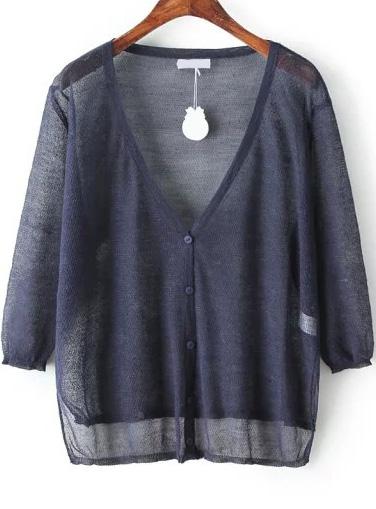 Romwe V Neck Dip Hem Navy Blouse