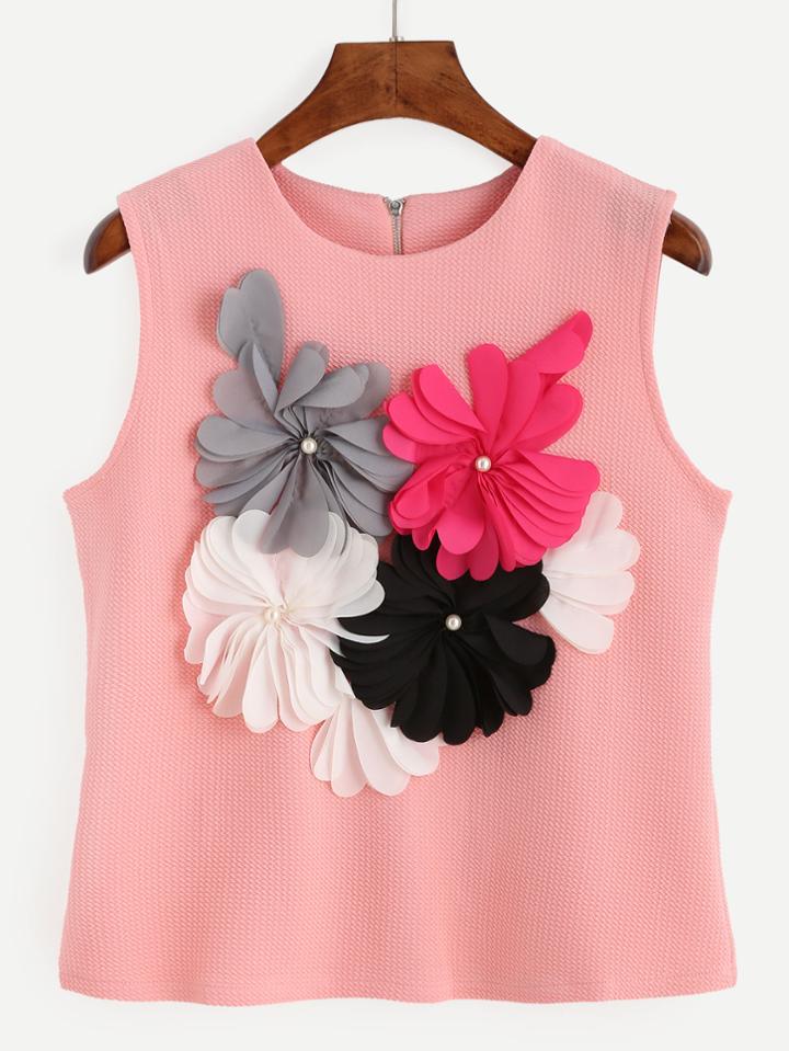 Romwe Pink Flower Applique Textured Top