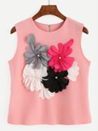 Romwe Pink Flower Applique Textured Top