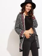 Romwe Black And White Geo Pattern Open Front Cardigan
