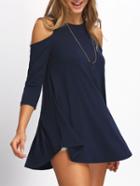Romwe Open Shoulder 3/4 Sleeve Swing Blue T-shirt