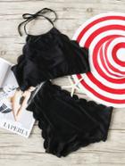 Romwe Black Scalloped Trim Halter High Waist Bikini Set