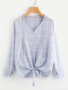 Romwe V Neckline Checked Knot Front Blouse