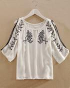 Romwe Open Shoulder Triba Embroidered White Top