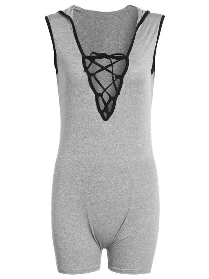 Romwe Grey Striped Trim Lace Up Skinny Hooded Romper