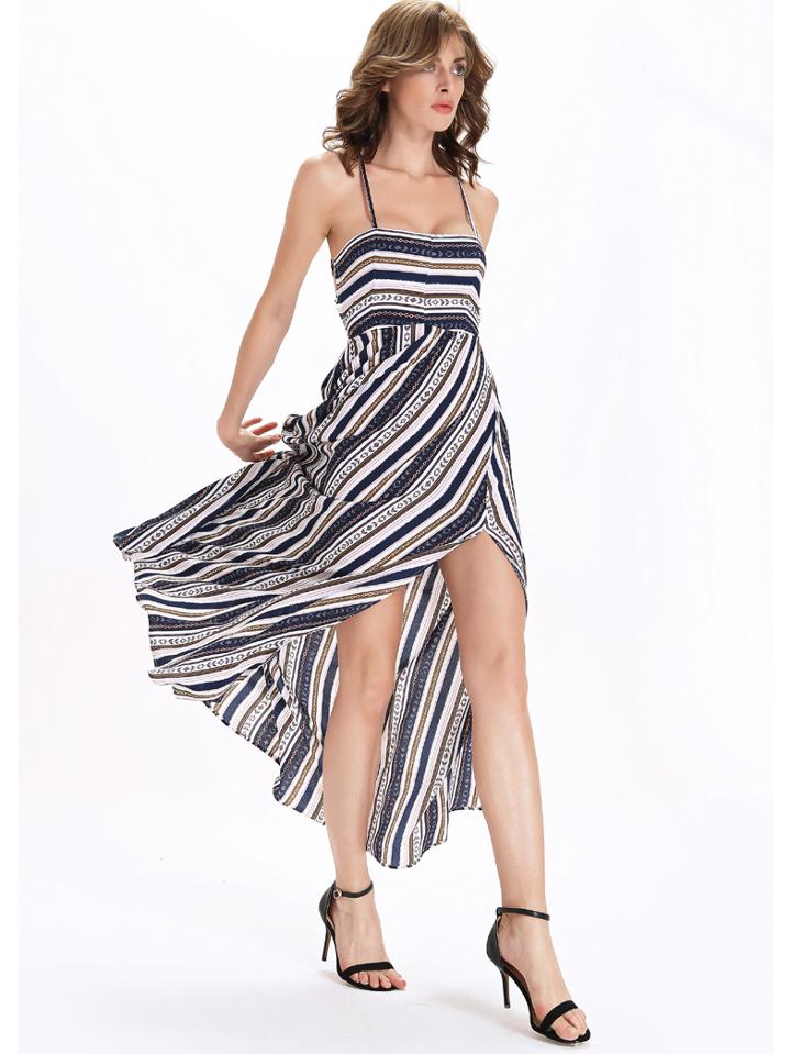 Romwe Multicolor Tribal Print Lace-up Slit Dress