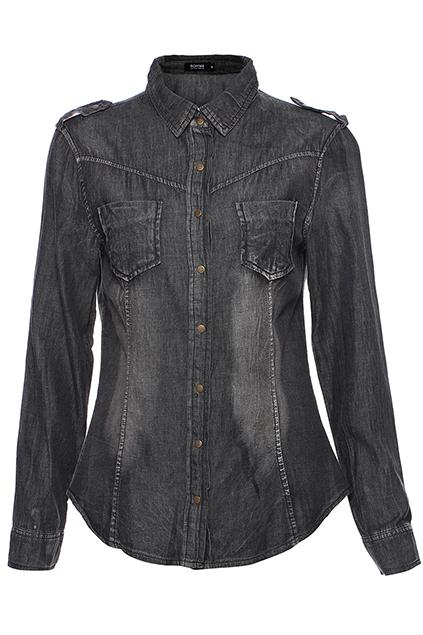 Romwe Pocketed Black Long-sleeved Denim Shirt