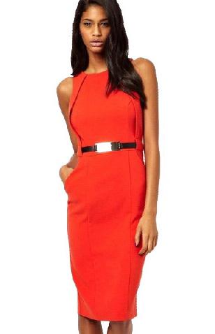Romwe Sleeveless Metal Belt Pencil Orange Dress