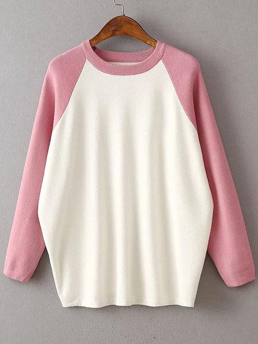 Romwe Pink Contrast Raglan Sleeve Ribbed Trim Knitwear