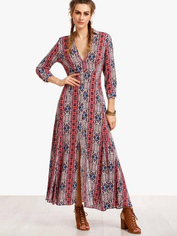 Romwe Multicolor V Neck Split Side Long Dress