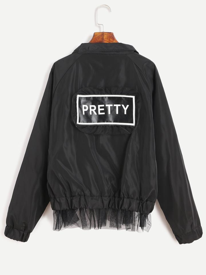 Romwe Black Raglan Sleeve Letter Print Patch Mesh Hem Jacket