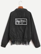 Romwe Black Raglan Sleeve Letter Print Patch Mesh Hem Jacket