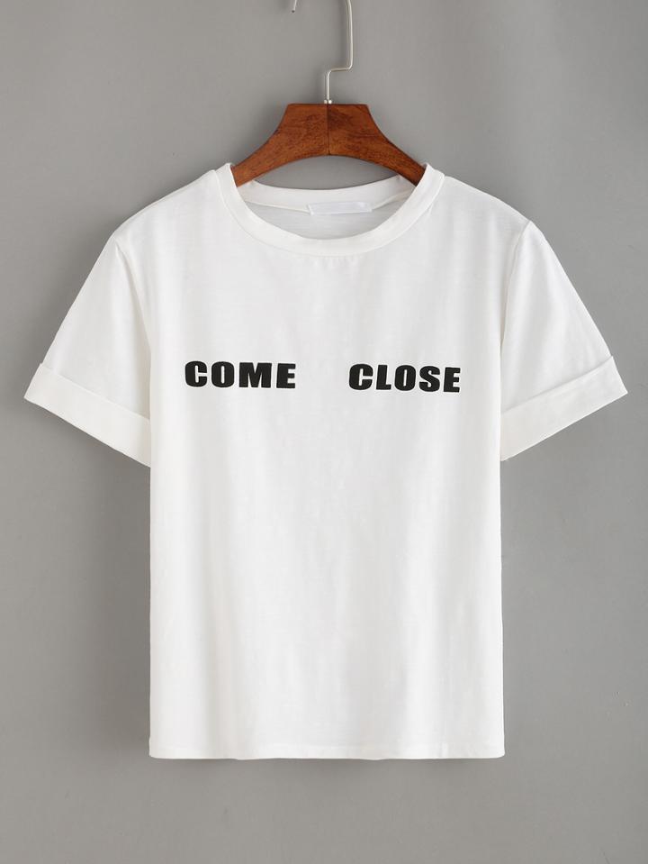 Romwe Letter Print Rolled Sleeve T-shirt