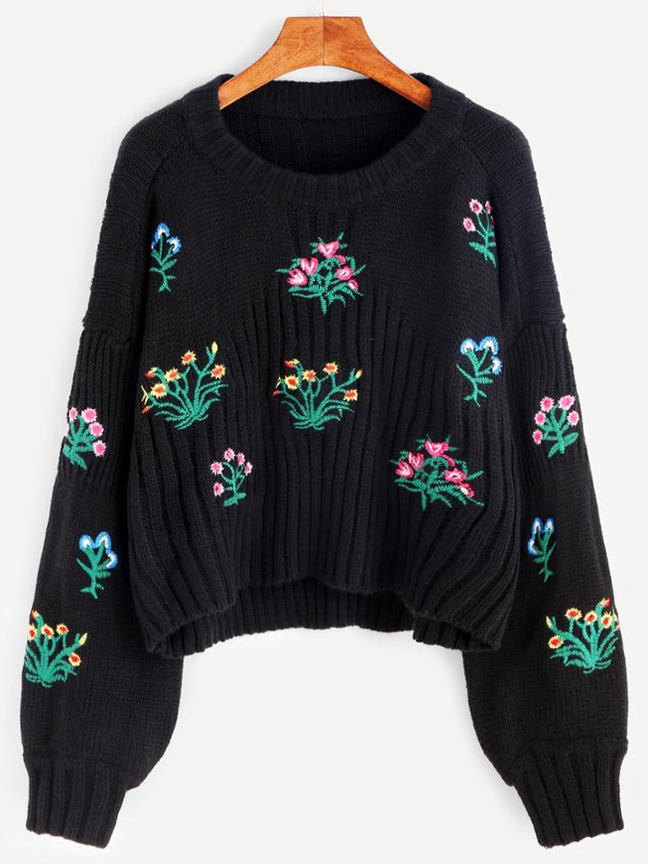 Romwe Black Drop Shoulder Lantern Sleeve Flower Embroidery Sweater