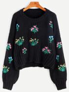 Romwe Black Drop Shoulder Lantern Sleeve Flower Embroidery Sweater