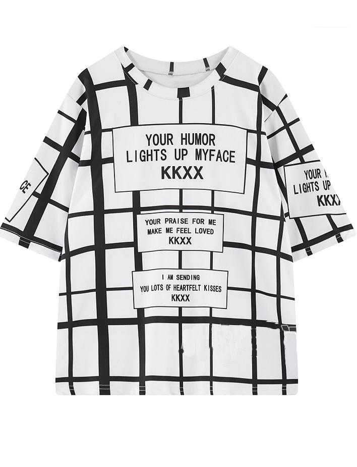 Romwe Plaid Letter Print White T-shirt