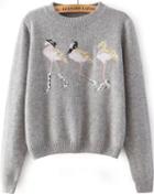 Romwe Crane Embroidered Crop Knit Grey Sweater