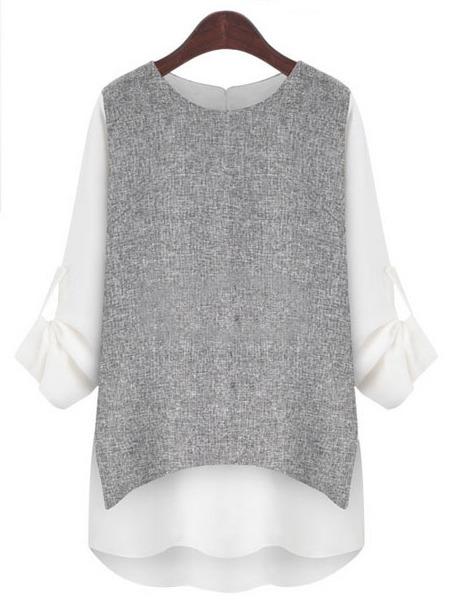 Romwe Dip Hem Color-block Split Back Scalloped Hem Blouse