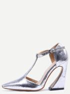 Romwe Silver Pointed Toe Buckle T-strap Chunky Pumps