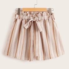 Romwe Drawstring Waist Striped Paperbag Shorts