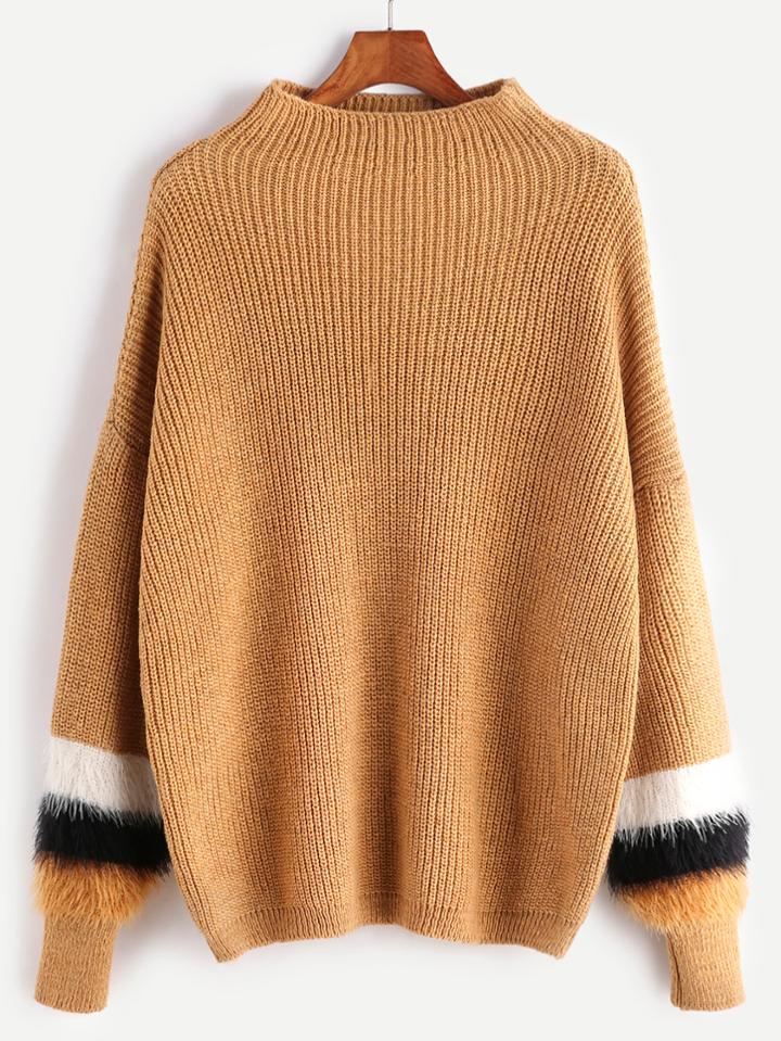 Romwe Khaki Funnel Neck Drop Shoulder Sleeve Contrast Detail Sweater