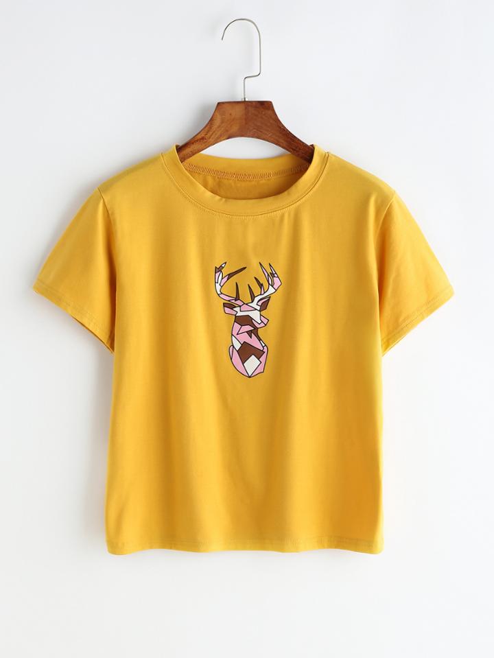Romwe Yellow Deer Print T-shirt
