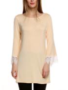 Romwe Bell Sleeve Contrast Lace A-line Nude Dress