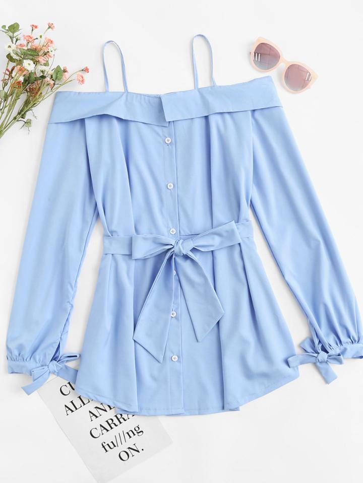 Romwe Cold Shoulder Self Tie Waist Dress